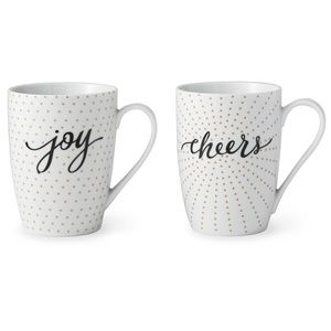 NWT Prima Design Joy & Cheers Gold-Dot Porcelain Mug Set. Brand New in Box!